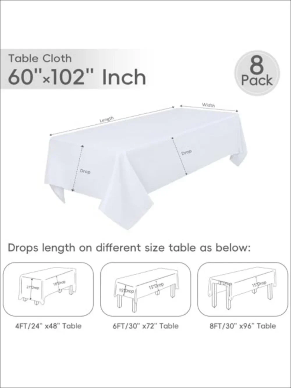 8 Pack White Rectangle Table Cloth 60 x 102 Inch for 6 Foot Tables